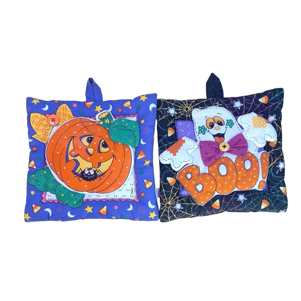 B&D Halloween Pot Holders Set 2 Pumpkin Ghost 3D Plush Quilted Blue Black